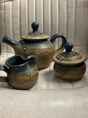 Blue, Brown, Tan Studio Pottery Tea Set